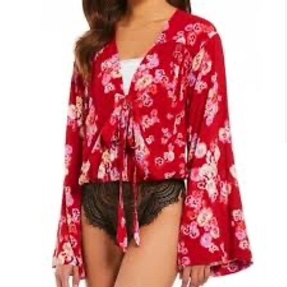 Free People Forties Feels Floral Lace Bodysuit‎ | Red Pink | Bell Sleeves | S